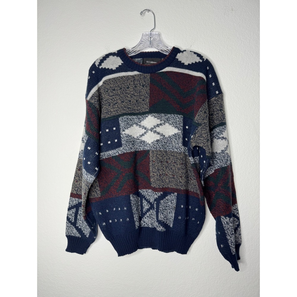 Expressions Vintage Mens Patchwork‎ Geometric Knit Sweater Navy Burgundy Size M